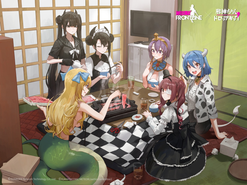 6+girls :d :q absurdres agent_(girls'_frontline) animal_print artist_request bell black_dress black_gloves black_hair black_serafuku black_skirt blonde_hair blue_eyes blue_hair blue_ribbon blush bookshelf bow bowl bowtie breasts chopsticks cleavage closed_eyes closed_mouth clothes_writing coiled commentary company_name controller copyright_name cow_girl cow_horns cow_print cow_tail cup double_bun dress drink drinking_glass egyptian egyptian_clothes english_commentary eyepatch food frills girls'_frontline gloves gothic_lolita griddle hair_between_eyes hair_bun hair_over_breasts hair_ribbon hanazono_yurine hat headpiece highres holding holding_chopsticks holding_teapot horns indoors jashin-chan jashin-chan_dropkick jewelry kotatsu lamia large_breasts lolita_fashion long_hair looking_at_viewer maid maid_headdress meat medical_eyepatch medium_breasts medusa_(jashin-chan_dropkick) midriff mini_hat mini_top_hat minos_(jashin-chan_dropkick) monster_girl multiple_girls neck_bell nude official_art open_mouth ouroboros_(girls'_frontline) plate pouring puffy_short_sleeves puffy_sleeves purple_eyes purple_hair red_eyes red_hair remote_control ribbon rice rice_bowl rug sangvis_ferri school_uniform scissors serafuku shirt short_hair short_sleeves shouji single_side_bun skirt sliding_doors smile table tail tatami teapot teeth television tissue tissue_box tongue tongue_out top_hat twintails upper_teeth_only used_tissue usekh_collar white_bow white_bowtie white_shirt