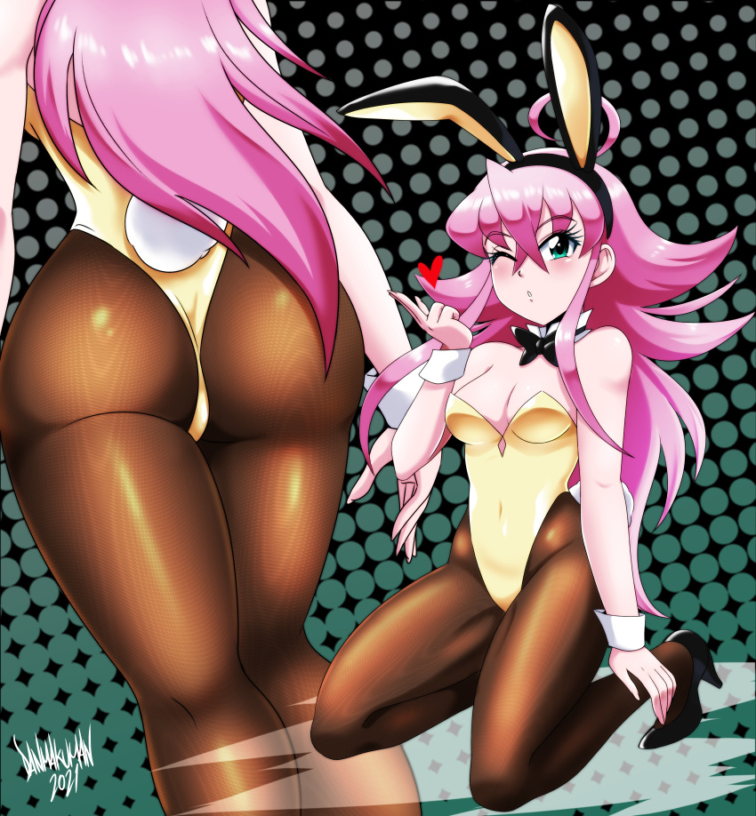 absurdres ahoge animal_ears aqua_eyes ass black_footwear black_pantyhose danmakuman female from_behind high_heels highres kneeling leotard long_hair looking_at_viewer multiple_views on_floor one_eye_closed original pantyhose pink_hair playboy_bunny rabbit_ears rabbit_tail signature standing tail yellow_leotard