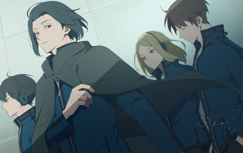 3boys aged_down ahoge azuma_haruaki azuma_squad's_uniform black_hair blonde_hair blue_jacket bob_cut brown_hair cloak closed_eyes female floating_hair from_side green_eyes hand_in_pocket headphones jacket kako_nozomi light_particles long_sleeves looking_at_viewer medium_hair miwa_shuuji mole mole_under_eye multiple_boys ninomiya_masataka profile short_hair tile_wall tiles uniform upper_body walking world_trigger yawai_tofu