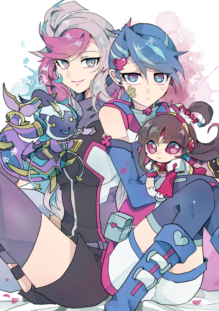 3girls altergeist_meluseek asymmetrical_sleeves bare_shoulders bessho_emma blue_girl blue_hair boots breasts brown_hair chibi duel_monster elbow_gloves ghost_girl_(yu-gi-oh!_vrains) gloves grey_eyes grey_hair hair_ornament heart heart_hair_ornament highres knees_up long_hair medium_breasts multicolored_eyes multicolored_hair multiple_girls puffy_short_sleeves puffy_sleeves purple_eyes purple_hair red_eyes short_shorts short_sleeves shorts sitting tasutekete thighhighs trickstar_lycoris two-tone_hair uneven_sleeves yu-gi-oh! yu-gi-oh!_vrains zaizen_aoi