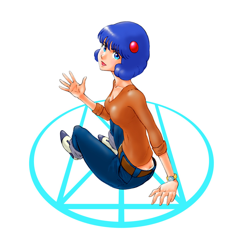 :d absurdres aobito_sukoyaka_bystander belt blue_eyes blue_hair breasts brown_shirt cleavage denim densetsu_kyojin_ideon female hair_ornament highres ideon_gauge jeans kitty_kitten looking_at_viewer open_mouth pants photoshop_(medium) shirt short_hair simple_background sitting small_breasts smile solo watch white_background white_footwear