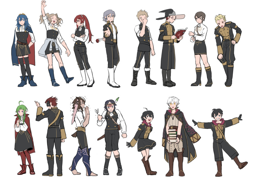 6+boys 6+girls ahoge arrow_(projectile) ashe_ubert back belt bernadetta_von_varley bike_shorts black_eyes black_hair blonde_hair blue_eyes blue_hair book boots brady_(fire_emblem) braid brown_eyes brown_hair cape caspar_von_bergliez circlet closed_eyes commentary cynthia_(fire_emblem) dobinnim english_commentary feathers felix_hugo_fraldarius ferdinand_von_aegir fire_emblem fire_emblem:_three_houses fire_emblem_awakening full_body garreg_mach_monastery_uniform gerome_(fire_emblem) glasses gloves green_hair grey_hair hat high_heel_boots high_heels highres hilda_valentine_goneril hubert_von_vestra ignatz_victor inigo_(fire_emblem) jacket kjelle_(fire_emblem) knee_boots kneehighs laurent_(fire_emblem) leonie_pinelli linhardt_von_hevring looking_at_viewer lucina_(fire_emblem) mask medium_hair mercedes_von_martritz morgan_(female)_(fire_emblem) morgan_(fire_emblem) morgan_(male)_(fire_emblem) multiple_boys multiple_girls nah_(fire_emblem) noire_(fire_emblem) open_clothes open_jacket open_mouth owain_(fire_emblem) pants petra_macneary purple_eyes raphael_kirsten red_eyes red_hair robin_(fire_emblem) robin_(male)_(fire_emblem) severa_(fire_emblem) shirt short_hair skirt sleeves_rolled_up smile socks sylvain_jose_gautier teeth thighhighs twin_braids twintails white_background white_hair wizard_hat yarne_(fire_emblem) yellow_eyes