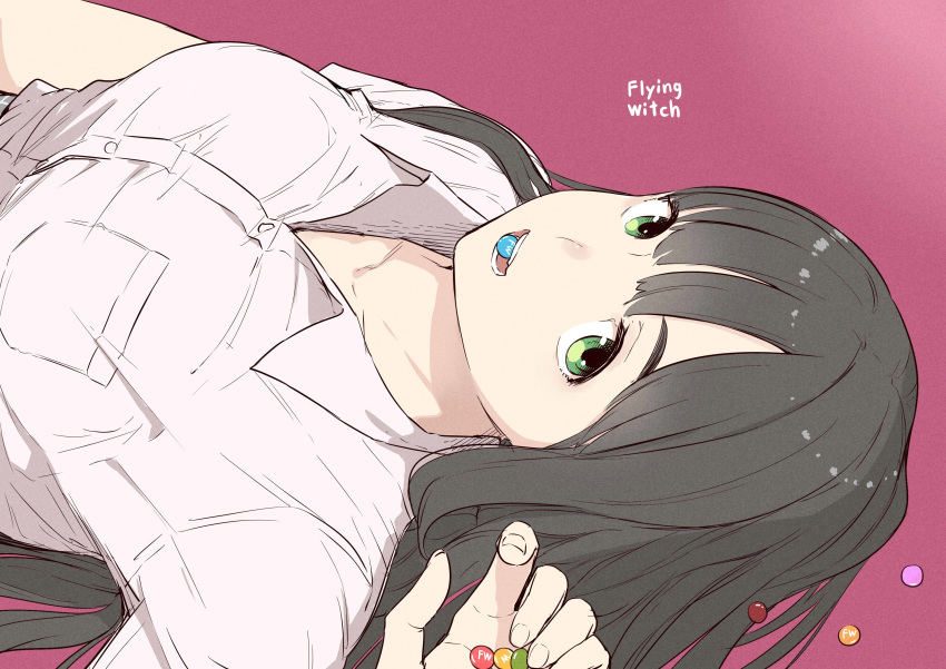 absurdres biting black_hair breasts candy collarbone commentary_request copyright_name eyebrows female fingernails flying_witch food green_eyes highres holding ishizuka_chihiro kowata_makoto large_breasts long_hair looking_at_viewer lying mouth_hold on_back shirt simple_background solo straight_hair teeth teeth_hold white_shirt wing_collar