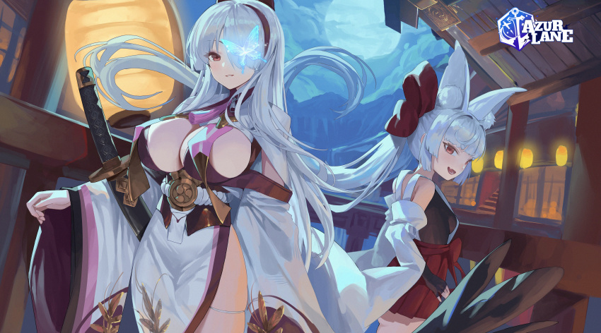 2girls absurdres akipopopopoon animal_ears asanagi_(azur_lane) azur_lane blunt_bangs bow breast_curtains breasts butterfly_over_eye floral_print_kimono fox_ears fox_girl from_behind hair_over_one_eye hairbow highres japanese_clothes katana lantern large_bow large_breasts long_hair looking_back md5_mismatch multicolored_hair multiple_girls oerba_yun_fang pleated_skirt red_eyes side_slit skin_fang skirt streaked_hair sword twintails unzen_(azur_lane) weapon white_hair