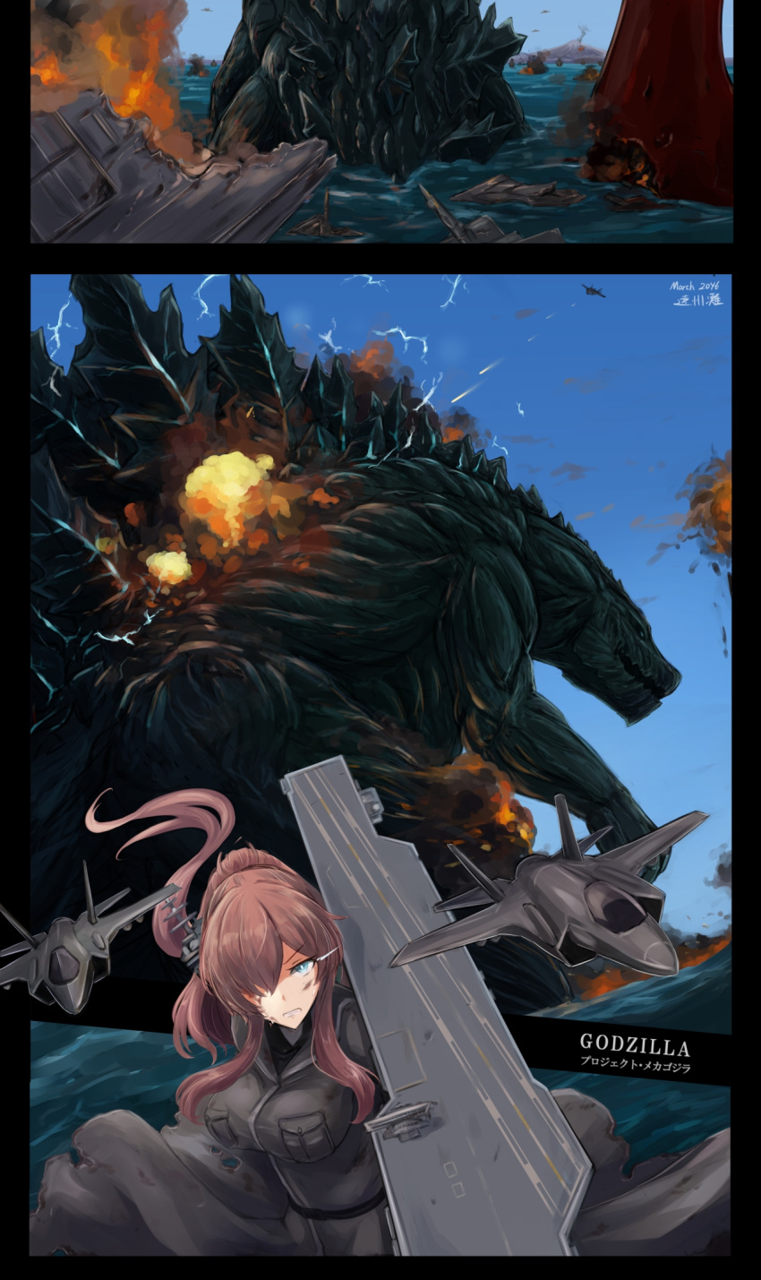 black_dress blue_eyes breast_pocket breasts brown_hair commentary_request crossover dress f-35_lightning_ii female flight_deck giant giant_monster godzilla godzilla:_planet_of_the_monsters godzilla_(series) godzilla_earth hair_ornament highres kaijuu kantai_collection large_breasts long_hair mizuchi_(mizuchi7118) pocket ponytail rigging saratoga_(kancolle) side_ponytail