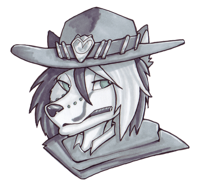 anthro blizzard_entertainment bust_portrait calypso_tayro canid canine canis cigar clothing cole_cassidy diaminerre domestic_dog hat headgear headwear male mammal markers monochrome overwatch portrait solo wolf