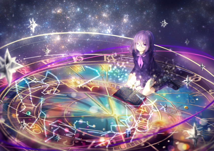 :o aries_(constellation) aries_(symbol) astronomical_clock between_legs black_serafuku blue_legwear book cancer_(symbol) capricorn_(symbol) commentary_request constellation crystal female gemini_(constellation) gemini_(symbol) glasses hand_between_legs highres kneehighs leo_(constellation) leo_(symbol) libra_(constellation) libra_(symbol) loafers long_sleeves looking_afar neckerchief open_book original partial_commentary purple-framed_eyewear purple_eyes purple_hair sagittarius_(constellation) sagittarius_(symbol) school_uniform scorpio_(symbol) scorpius_(constellation) serafuku shimekake shoes short_hair sitting sky socks star_(sky) starry_sky sun_symbol taurus_(constellation) taurus_(symbol) virgo_(constellation) wariza zodiac zodiac_wheel