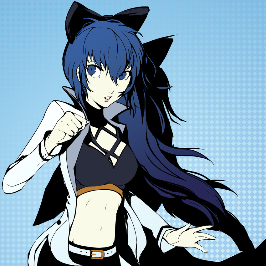 blake_belladonna blake_belladonna_(cosplay) blue_eyes blue_hair bow breasts commentary_request cosplay dh_(brink_of_memories) female hairbow highres lips long_hair medium_breasts midriff navel persona persona_4 persona_x_detective rwby shirogane_naoto solo