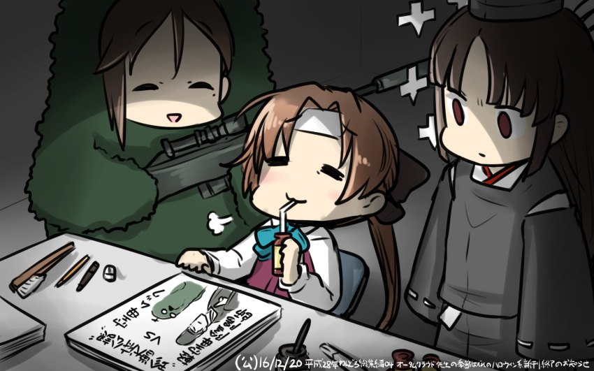 3girls akigumo_(kancolle) amagi_(kancolle) arms_at_sides artist_name black_hair brown_eyes brown_hair call_of_duty call_of_duty_4 captain_macmillan captain_macmillan_(cosplay) closed_eyes commentary_request cosplay dated drinking drinking_straw empty_eyes gun hair_between_eyes hair_ribbon hamu_koutarou highres himejoshi hirake!_ponkikki hiyou_(kancolle) holding holding_weapon japanese_clothes kantai_collection long_hair looking_at_another mole mole_under_eye mukku multiple_girls onmyouji open_mouth orange_hair parted_bangs ponytail ribbon rifle school_uniform shaded_face shikigami sigh sitting smile sniper_rifle standing translated weapon wide_sleeves