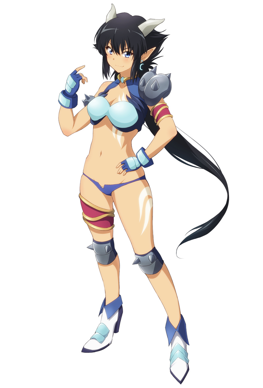 >:) armlet armor bikini_armor black_hair blue_eyes blue_gloves blue_panties blush boots breasts cleavage collarbone commentary_request crescent crescent_earrings ear_piercing earrings female fingerless_gloves full_body gloves groin hand_on_own_hip high_heel_boots high_heels highres horns jewelry knee_pads long_hair looking_at_viewer low_ponytail medium_breasts mokkei momo_kyun_sword navel oni_horns onihime_(momokyun) panties pauldrons piercing pointy_ears shoulder_armor single_pauldron smile solo stomach tattoo thighlet underwear v-shaped_eyebrows very_long_hair white_background white_footwear