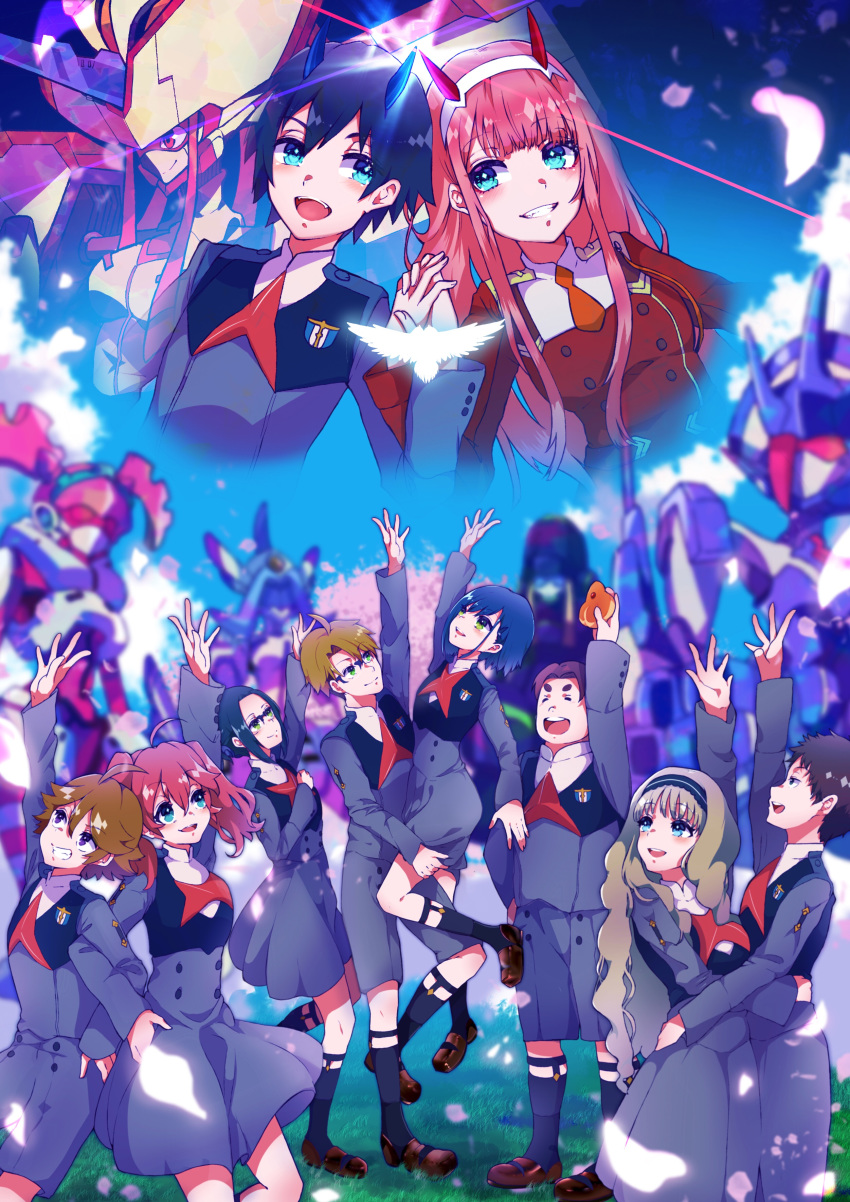 5boys 5girls ahoge argentea_(darling_in_the_franxx) bangs bird black_hair blonde_hair blue_eyes blue_hair blue_horns blue_sky blush breasts brown_footwear brown_hair cherry_blossoms chlorophytum closed_eyes cloud cloudy_sky commentary_request couple darling_in_the_franxx day delphinium_(darling_in_the_franxx) dress eyebrows_visible_through_hair floating_hair flower food futoshi_(darling_in_the_franxx) genista_(darling_in_the_franxx) glasses gorou_(darling_in_the_franxx) grass green_eyes grey_dress grey_legwear grey_shirt grey_shorts hair_ornament hairband hand_holding hand_on_another's_hip hand_on_another's_leg hand_on_another's_waist hand_on_hip hand_on_own_chest hand_on_thigh hand_up hiro_(darling_in_the_franxx) holding holding_food holding_leg horns hug ichigo_(darling_in_the_franxx) ikuno_(darling_in_the_franxx) interlocked_fingers kokoro_(darling_in_the_franxx) light_brown_hair locked_arms long_hair long_sleeves looking_up mecha medium_breasts miku_(darling_in_the_franxx) military military_uniform mitsuru_(darling_in_the_franxx) multiple_boys multiple_girls necktie oni_horns orange_neckwear petals pink_hair ponytail purple_eyes purple_hair purple_hairband red_dress red_hair red_horns red_neckwear shirt shoes short_hair shorts sky small_breasts socks straight strelizia thick_eyebrows thighs tree twintails uniform white_hairband yoshi2_oide zero_two_(darling_in_the_franxx) zorome_(darling_in_the_franxx)