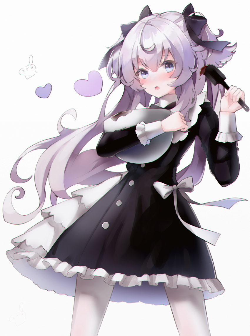 :o absurdres bad_id bad_pixiv_id black_bow black_dress blush bow chocolate cooking dress female frills grey_hair hair_between_eyes hair_ornament hairbow hands_up heart highres holding indie_virtual_youtuber looking_at_viewer pantyhose retorillo shanoa_(vtuber) simple_background solo two_side_up valentine virtual_youtuber white_background white_bow white_pantyhose