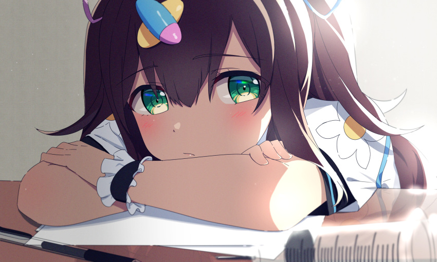 blush crossed_arms female green_eyes hanamori_healthy highres long_hair looking_at_viewer makoto_(bk69and7) melty+ paper pen portrait simple_background solo syringe table virtual_youtuber