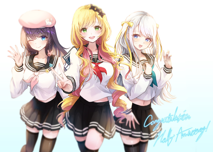 3girls anniversary ban_hada beret black_hair black_skirt blonde_hair blue_eyes blush bow breasts crop_top cropped_shirt green_eyes hair_ornament hairbow hat highres korean_commentary medium_breasts mole mole_under_eye multiple_girls nijisanji nijisanji_kr one_eye_closed open_hand pink_headwear pistachiocream rabbit_hair_ornament school_uniform seffyna serafuku skirt smile song_mia thighhighs two_side_up v virtual_youtuber waving white_hair yellow_bow