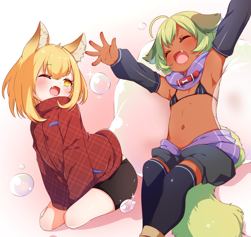 2girls :d ;d ^_^ ahoge animal_ears armpits bikini black_legwear blonde_hair closed_eyes dark-skinned_female dark_skin detached_sleeves done_(donezumi) eyebrows_visible_through_hair flat_chest green_hair highres jacket long_sleeves micro_bikini multiple_girls navel oerba_yun_fang one_eye_closed original red_jacket sitting smile swimsuit tail thighhighs titi-chan_(nezumi_inu) yellow_eyes