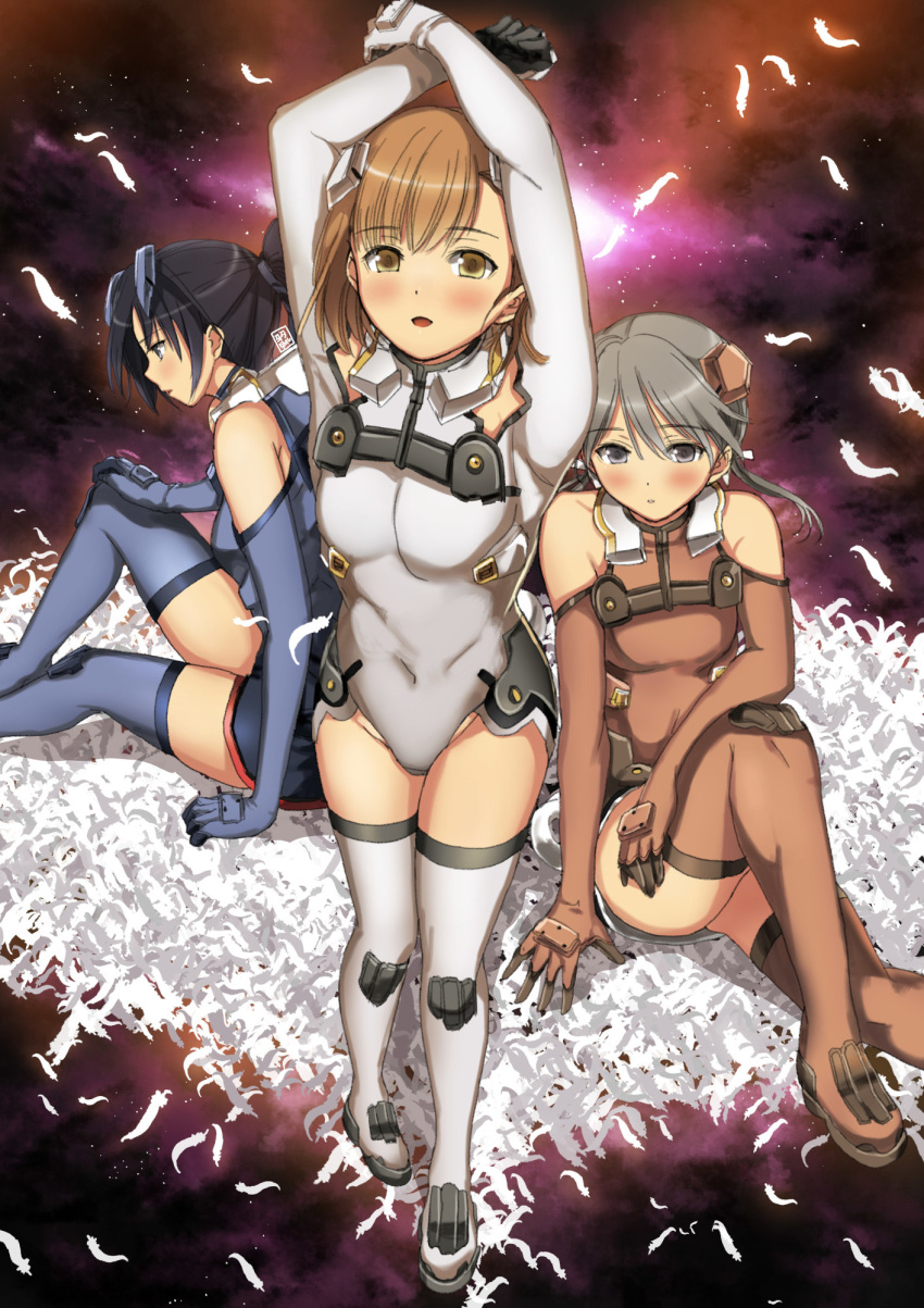 3girls black_hair brown_eyes brown_hair commentary cosplay covered_navel eyewear_on_head feathers garimpeiro gimp_(medium) grey_eyes grey_hair hands_up highres ichijou_eika looking_at_viewer looking_down mecha_musume multiple_girls pilot_suit sakurano_otoha science_fiction sitting sky_girls sonomiya_karen thighhighs