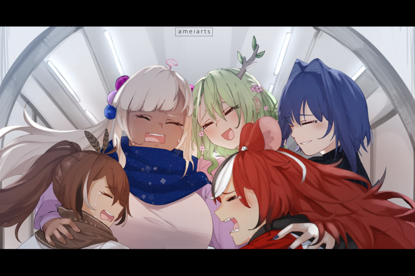 5girls alternate_costume ameiarts animal_ears antlers black_hair black_sweater blonde_hair blue_hair blue_scarf blush breasts brown_hair brown_scarf ceres_fauna crying dark-skinned_female dark_skin english_commentary floating_hair flower green_hair hair_flower hair_intakes hair_ornament hakos_baelz highres holocouncil hololive hololive_english horns large_breasts limiter_(tsukumo_sana) mole mole_under_eye mouse_ears mouse_girl multiple_girls nanashi_mumei ouro_kronii parted_lips pink_flower ponytail red_hair scarf sharp_teeth smile sweater teeth tsukumo_sana twintails virtual_youtuber white_hair