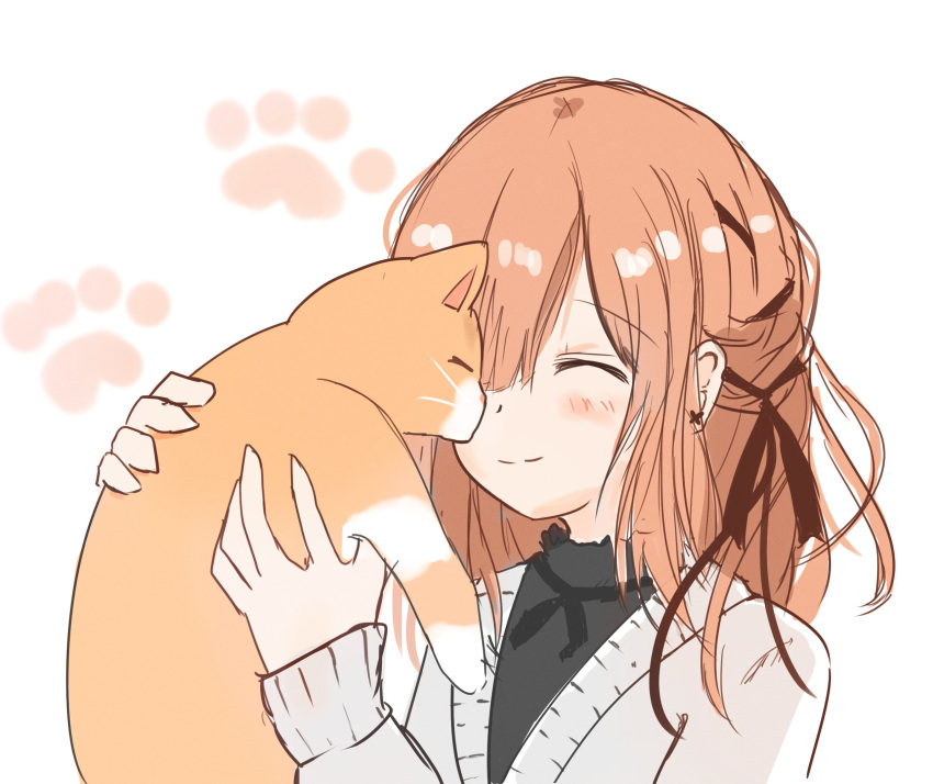 ^_^ animal black_shirt blush brown_hair cardigan closed_eyes closed_mouth commentary english_commentary feline female grey_cardigan highres long_hair mikeneko_(vtuber) mikeneko_(vtuber)_(old_design) milk_tea_1993 orange_cat original ribbon shirt simple_background smile upper_body