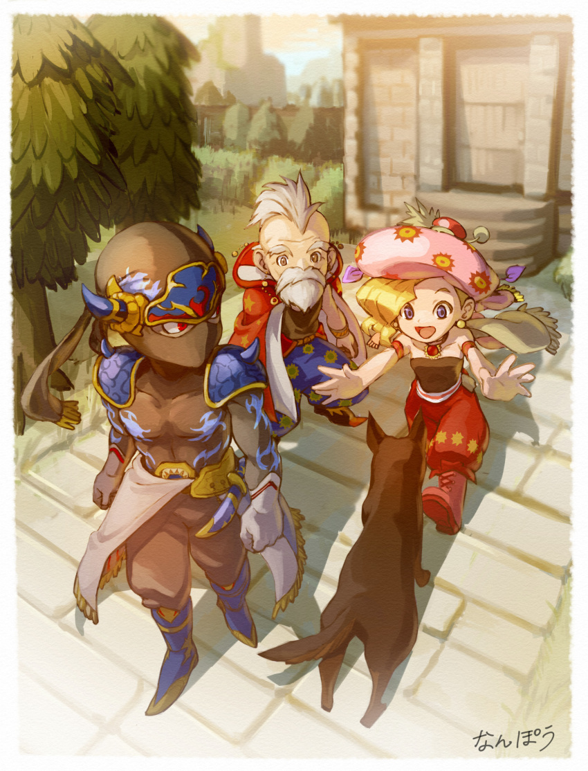 bare_shoulders beard beauceron blonde_hair blue_eyes canine cape earrings facial_hair female final_fantasy final_fantasy_vi gloves hat highres interceptor_(ff6) jewelry long_hair moustache multiple_boys nanpou_(nanpou0021) open_mouth relm_arrowny shadow_(ff6) smile strago_magus strapless tree