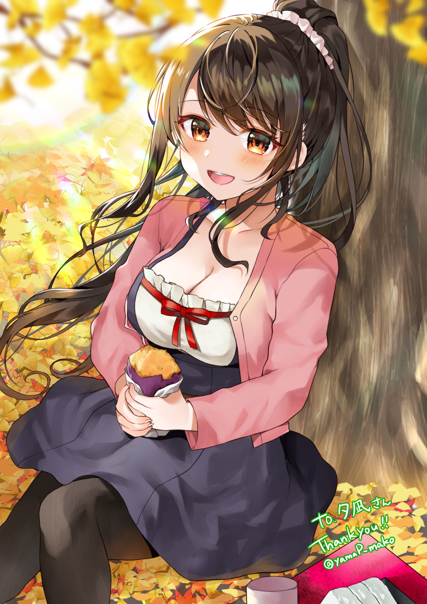 absurdres autumn_leaves black_dress black_hair black_pantyhose blurry breasts brown_eyes cleavage collarbone commission cup day depth_of_field dress female food hair_ornament hair_scrunchie highres holding holding_food jacket leaf long_hair looking_at_viewer onigiri open_mouth original outdoors pantyhose pink_jacket ponytail scrunchie signature sitting skeb_commission smile solo sweet_potato teeth tree upper_teeth_only yam_(yamap_mako)