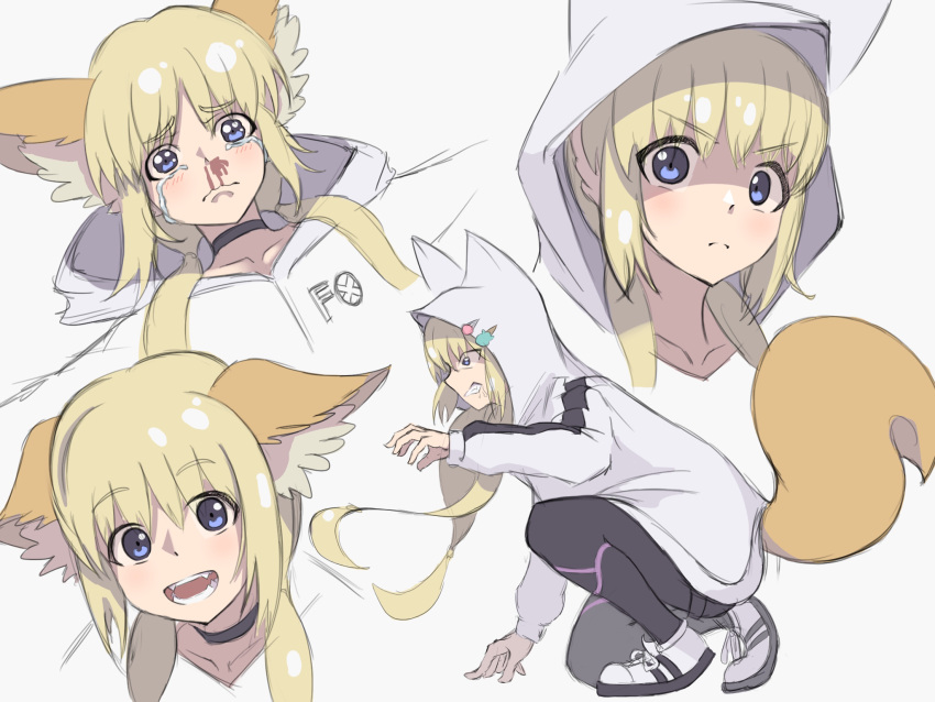 :d animal_ears black_choker black_pants blonde_hair blood blue_eyes choker crying female fox_ears fox_tail frown highres hood hoodie kemono_jihen kon_(kemono_jihen) long_sleeves low_twintails multiple_views nosebleed nsb36046_(na) open_mouth pants shoes simple_background smile sneakers tail tears twintails white_background white_footwear white_hoodie