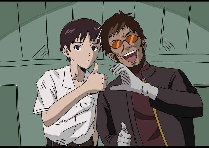 2boys beard black_hair brown_hair facial_hair father_and_son glasses gloves heart_hands_failure ikari_gendou ikari_shinji male_focus meme multiple_boys neon_genesis_evangelion open_mouth school_uniform short_hair smile sunglasses teeth thumbs_up tokyo-3_middle_school_uniform tomo_(torauto_saamon) white_gloves