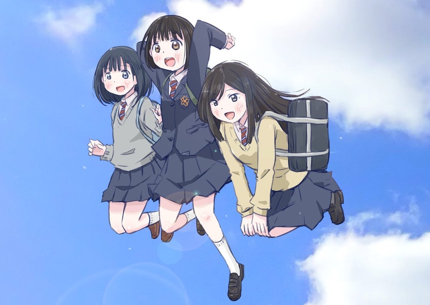 3girls :d alt_text backpack bag black_eyes black_hair blue_eyes blush bob_cut brown_eyes comic_girls commentary_request eniwa_shii jumping kirara_jump koguma_(super_cub) long_hair maruyo medium_hair midair multiple_girls necktie partial_commentary reiko_(super_cub) school_bag school_uniform short_hair sky smile super_cub