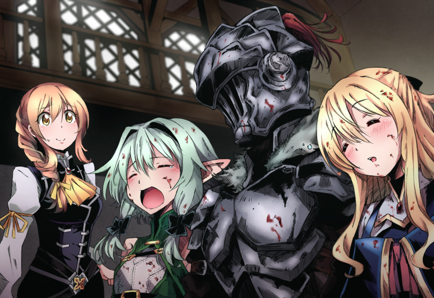 1boy 3girls =_= absurdres armor ascot black_bow black_vest blonde_hair blood blood_splatter blush bow braid closed_eyes closed_mouth commentary elf english_commentary full_armor goblin_slayer goblin_slayer! green_hair guild_girl_(goblin_slayer!) hair_intakes hairbow helmet high_elf_archer_(goblin_slayer!) highres indoors kukie-nyan long_hair multiple_girls open_mouth parted_lips plume pointy_ears priestess_(goblin_slayer!) shirt smile sweatdrop vest visor_(armor) white_shirt yellow_ascot yellow_eyes