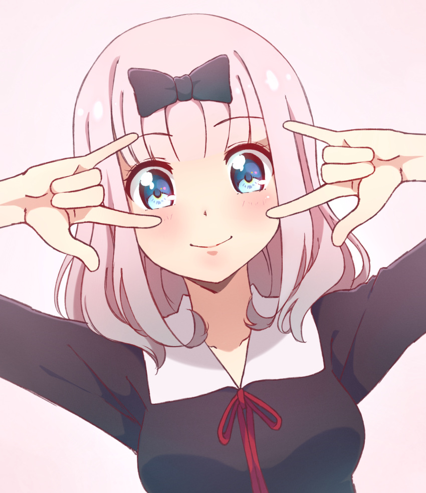 \m/ black_bow black_dress blue_eyes blunt_bangs blush bow breasts closed_mouth double_\m/ dress female fujiwara_chika hairbow hands_up highres kaguya-sama_wa_kokurasetai_~tensai-tachi_no_renai_zunousen~ kukie-nyan looking_at_viewer medium_hair neck_ribbon pink_hair red_ribbon ribbon school_uniform shuuchiin_academy_school_uniform smile solo upper_body