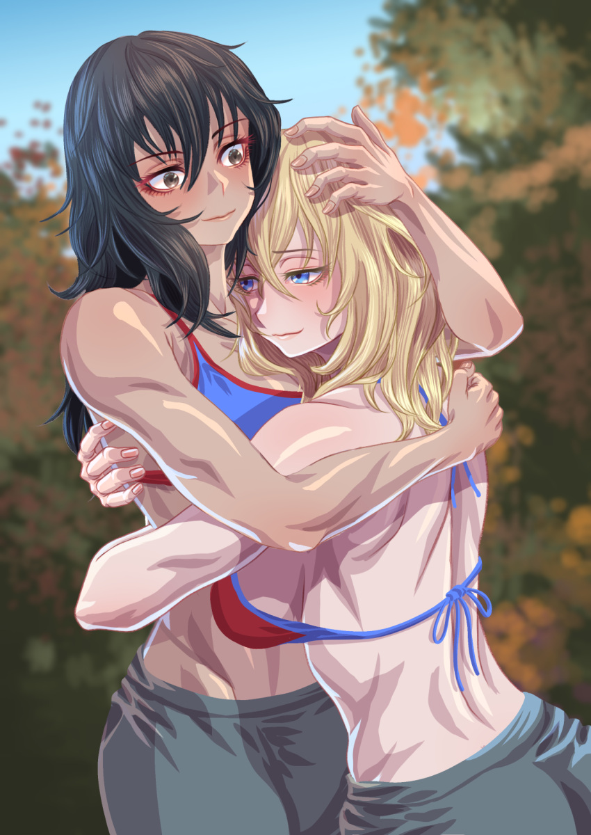 2girls andou_(girls_und_panzer) back bikini bikini_top_only black_eyes black_hair blonde_hair blue_bikini blue_eyes blue_sky blurry blurry_background blush breasts clear_sky closed_mouth commentary dark-skinned_female dark_skin day depth_of_field girls_und_panzer grey_shorts groin half-closed_eyes halterneck highres hug long_hair medium_breasts medium_hair messy_hair multiple_girls muscular muscular_female oshida_(girls_und_panzer) outdoors red_bikini shiny_skin shorts sky smile sportswear standing swimsuit tigern_(tigern28502735) tree two-tone_bikini yuri