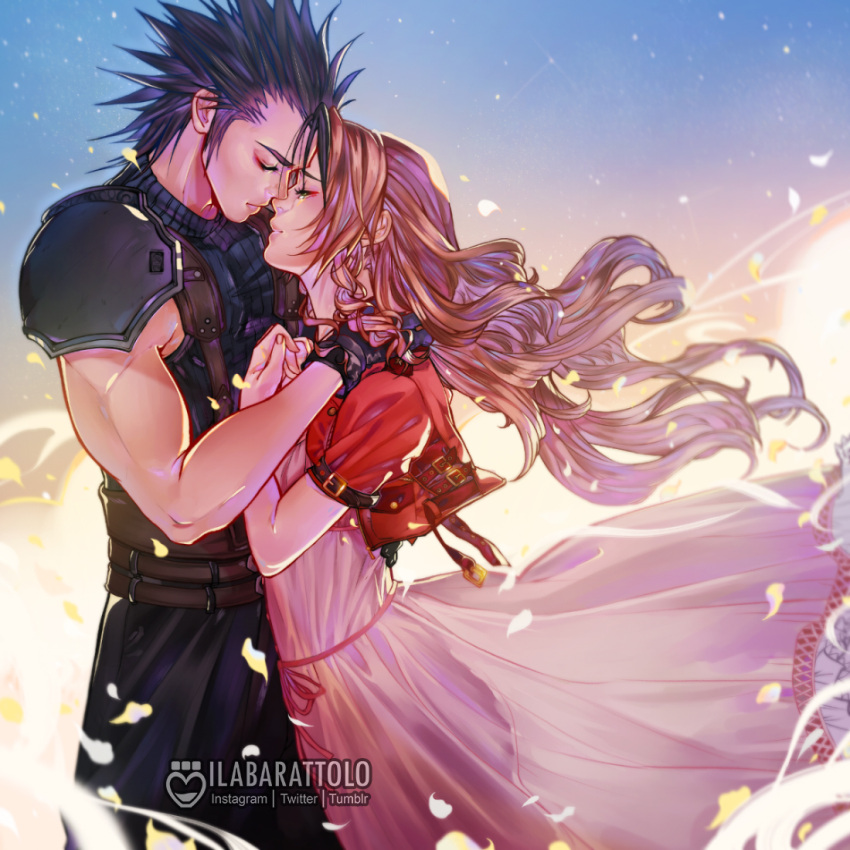 1boy aerith_gainsborough armor artist_name black_hair brown_hair closed_mouth couple dress female final_fantasy final_fantasy_vii final_fantasy_vii_remake gloves hand_on_another's_shoulder ilabarattolo jacket long_hair petals pink_dress red_jacket shoulder_armor sleeveless sleeveless_turtleneck spiked_hair straight suspenders turtleneck wind zack_fair