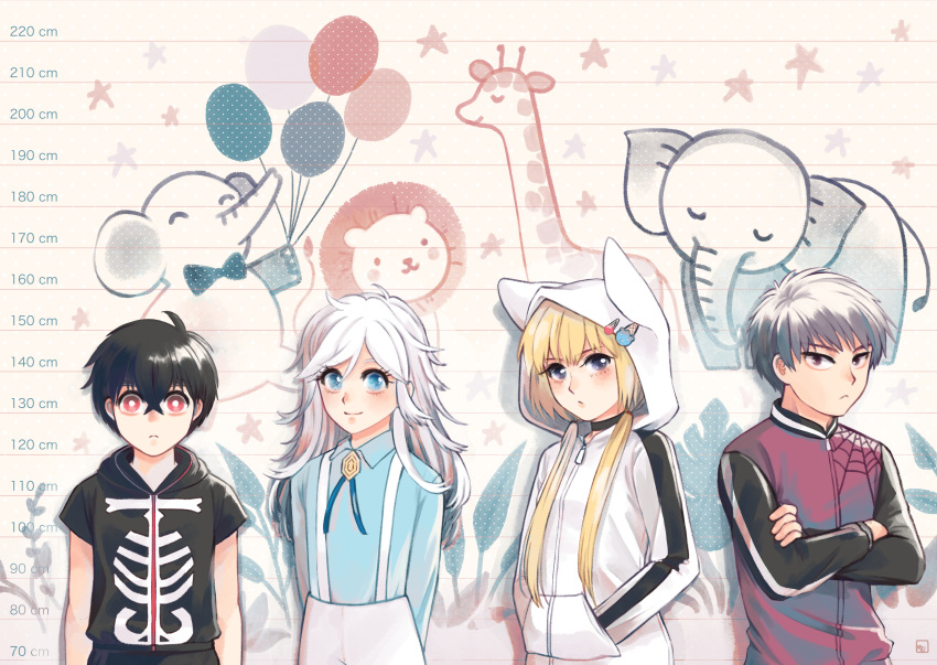 3boys absurdres arms_at_sides arms_behind_back black_hair blonde_hair blue_eyes blue_shirt blush crossed_arms elephant female giraffe hair_between_eyes hand_in_pocket height_chart highres hood hoodie iwakiyamayukisatoshironanogojuurokushi_akira jacket kemono_jihen kon_(kemono_jihen) kusaka_kabane long_hair low_twintails multiple_boys mululeee purple_jacket red_eyes shirt short_sleeves skeleton_print smile standing suspenders tademaru_shiki twintails