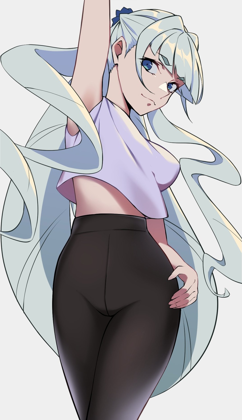 ankh_(ankh_05) armpits black_pants blue_eyes breasts female floating_hair grey_hair hair_behind_ear hand_on_own_hip highres long_hair looking_at_viewer medium_breasts pants purple_shirt saint-germain_(symphogear) senki_zesshou_symphogear shirt simple_background sleeveless sleeveless_shirt smile solo very_long_hair yoga_pants