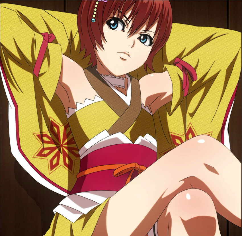 blue_eyes chiharu_(dai_shogun) female fuuun_ishin_dai_shogun hair_ornament highres screencap sitting small_breasts solo stitched