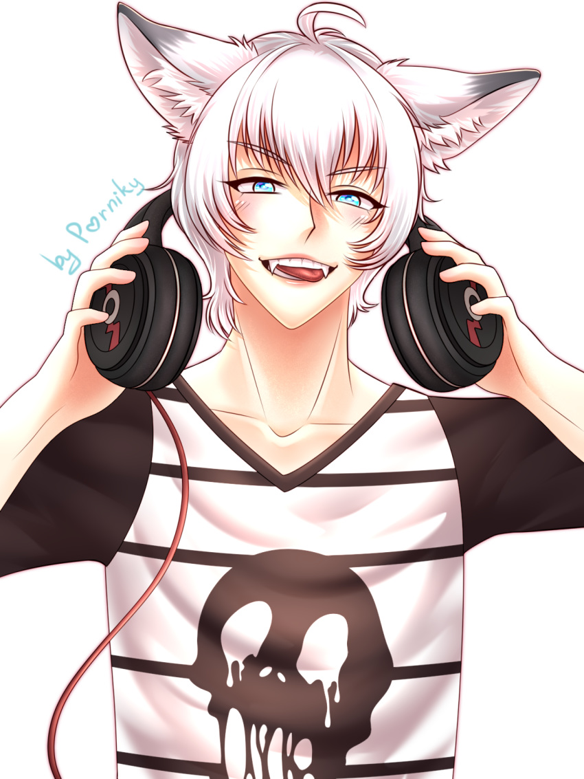 3:4 alpha_channel animal_humanoid blue_eyes canid canid_humanoid canine canine_humanoid electronics fangs hair headphones hi_res humanoid male mammal mammal_humanoid porniky solo teeth white_hair wolf_humanoid yuichi