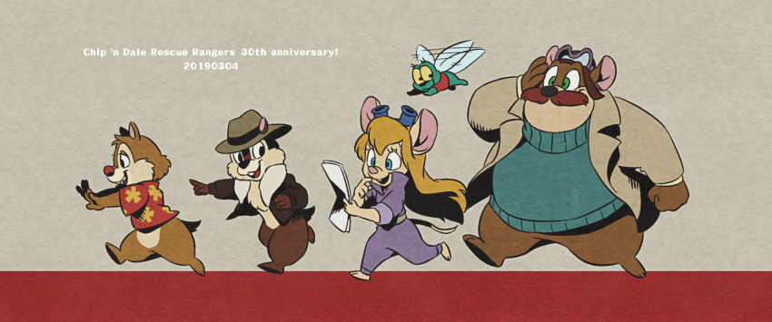 2019 4_fingers aloha_shirt anniversary anthro arthropod black_nose blue_eyes bottomless brown_body brown_clothing brown_fur brown_topwear buckteeth chip_'n_dale_rescue_rangers chip_(disney) chipmunk clothed clothing dale_(disney) derimiko disney english_text eyelashes eyewear eyewear_on_head facial_hair fedora female fingers fly_(animal) flying fur gadget_hackwrench gesture goggles goggles_on_head green_body green_eyes ground_squirrel group hair hand_gesture hand_on_head hat headgear headwear hi_res insects jacket long_hair looking_back male mammal monterey_jack_(cdrr) mouse moustache murid murine open_clothing open_jacket open_mouth open_smile open_topwear overweight pattern_clothing pattern_shirt pattern_topwear pink_nose pointing purple_clothing red_clothing red_nose red_shirt red_topwear rodent running sciurid shirt simple_background small_tail smile tail tan_background tan_body tan_fur teeth text textured_background topwear uniform wings yellow_sclera zipper_(cdrr)