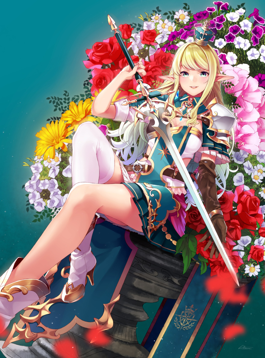 armor azalea_(flower) banner belt blonde_hair blue_eyes blush boots breasts brown_gloves chamomile cleavage commentary_request crown daisy dutch_angle elbow_gloves elf female floral_background flower foot_out_of_frame gloves gold_trim green_hair high_heel_boots high_heels highres holding holding_sword holding_weapon large_breasts long_hair looking_at_viewer mini_crown multicolored_hair open_mouth original parted_lips pauldrons petals petunia_(flower) photoshop_(medium) pink_flower pointy_ears purple_flower red_flower red_rose retsuna rose shoulder_armor sidelocks signature single_elbow_glove single_thighhigh sitting smile solo sword thighhighs very_long_hair weapon white_flower white_footwear white_hair white_thighhighs yellow_flower