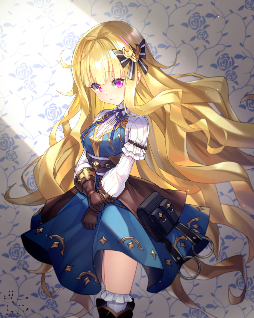 ahoge arm_belt bettle_(b_s_a_n) black_bow black_footwear blonde_hair blue_dress blue_ribbon blunt_bangs bow brown_gloves char_(sennen_sensou_aigis) commentary_request dress female floral_print gloves hairbow highres indoors light long_hair looking_at_viewer pouch purple_eyes ribbon sennen_sensou_aigis smile solo very_long_hair wallpaper_(object) white_legwear