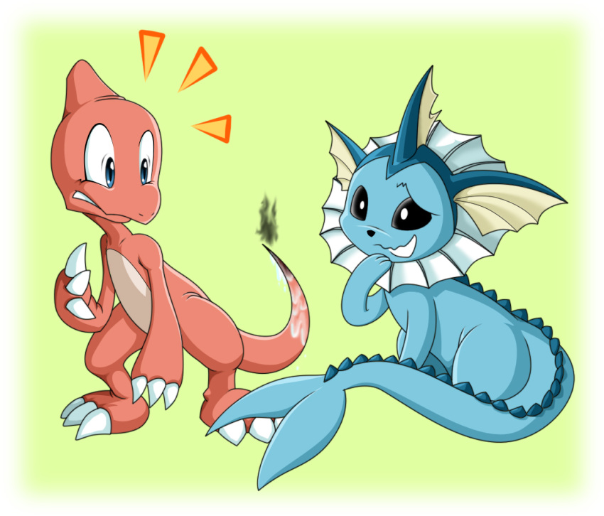 2008 anthro charmeleon claws duo eeveelution feral generation_1_pokemon mammal nervous nintendo oops pokemon pokemon_(species) puretails scalie smoke startled tail vaporeon water