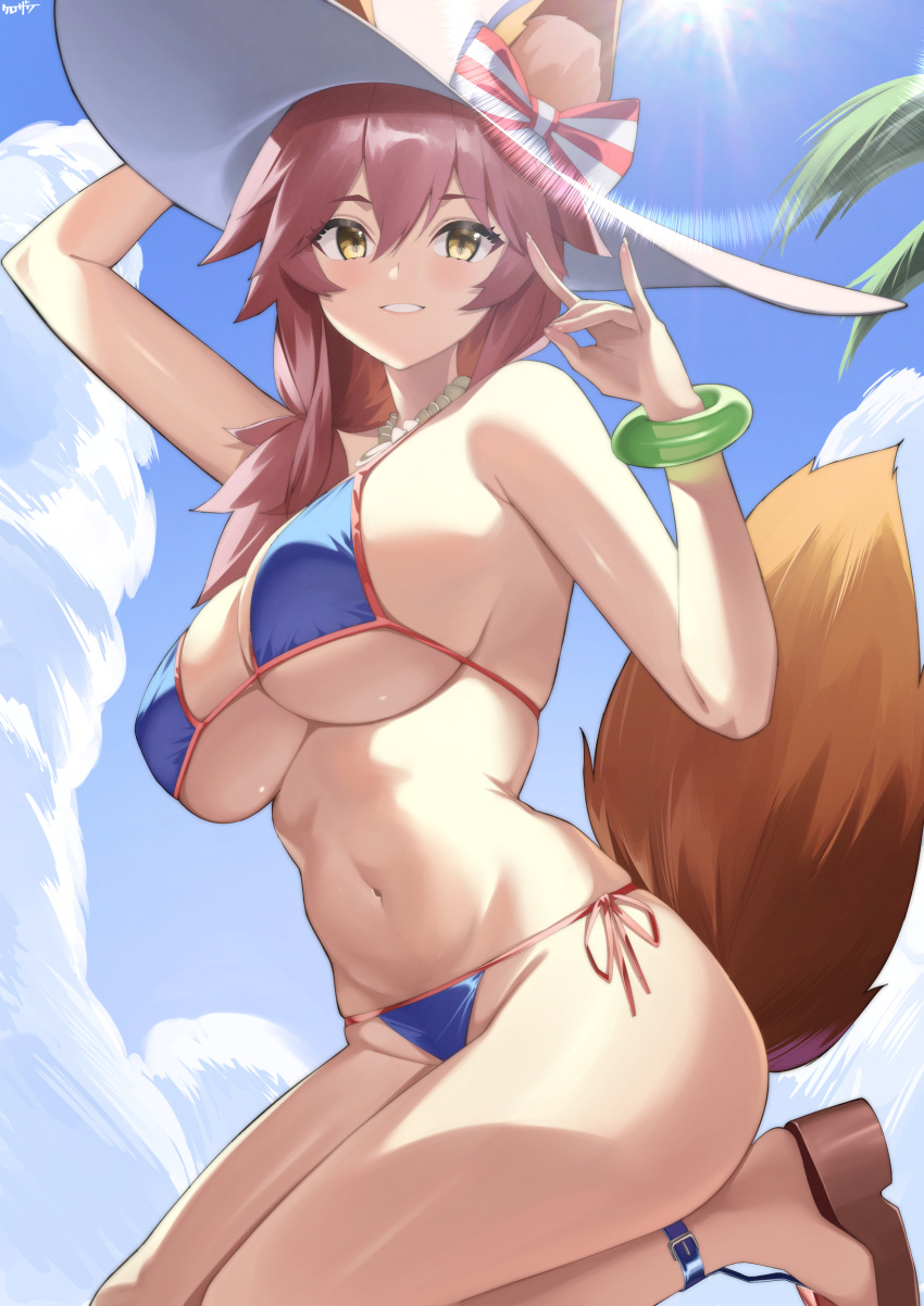 absurdres animal_ear_fluff animal_ears bare_shoulders bikini blue_bikini blue_sky blush bracelet breasts cleavage collarbone commentary_request fate/grand_order fate_(series) female fox_ears fox_girl fox_shadow_puppet fox_tail grin hat highres jewelry kneeling kurozawa_yui large_breasts long_hair looking_at_viewer navel necklace pink_hair platform_footwear sandals sidelocks sky smile solo sun_hat swimsuit tail tamamo_(fate) tamamo_no_mae_(swimsuit_lancer)_(fate) tamamo_no_mae_(swimsuit_lancer)_(third_ascension)_(fate) thighs white_hat yellow_eyes