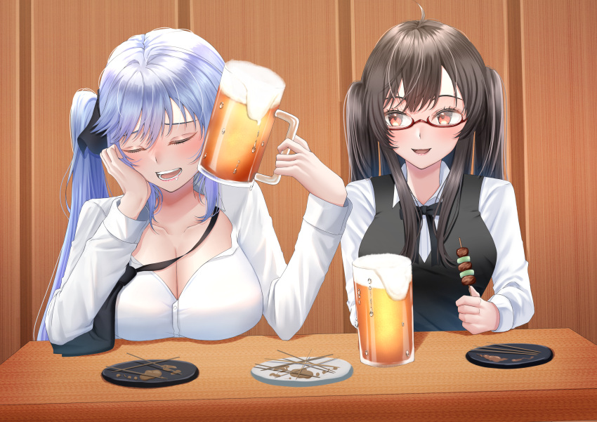 absurdres alcohol azur_lane beer beer_mug black_hair bow bowtie breasts cleavage closed_eyes cup essex_(azur_lane) essex_(crossbones_especial)_(azur_lane) food glass highres holding holding_food konparu_uran large_breasts london_(azur_lane) london_(the_sterling_secretary)_(azur_lane) mug necktie open_mouth purple_hair red_eyes twintails yakitori