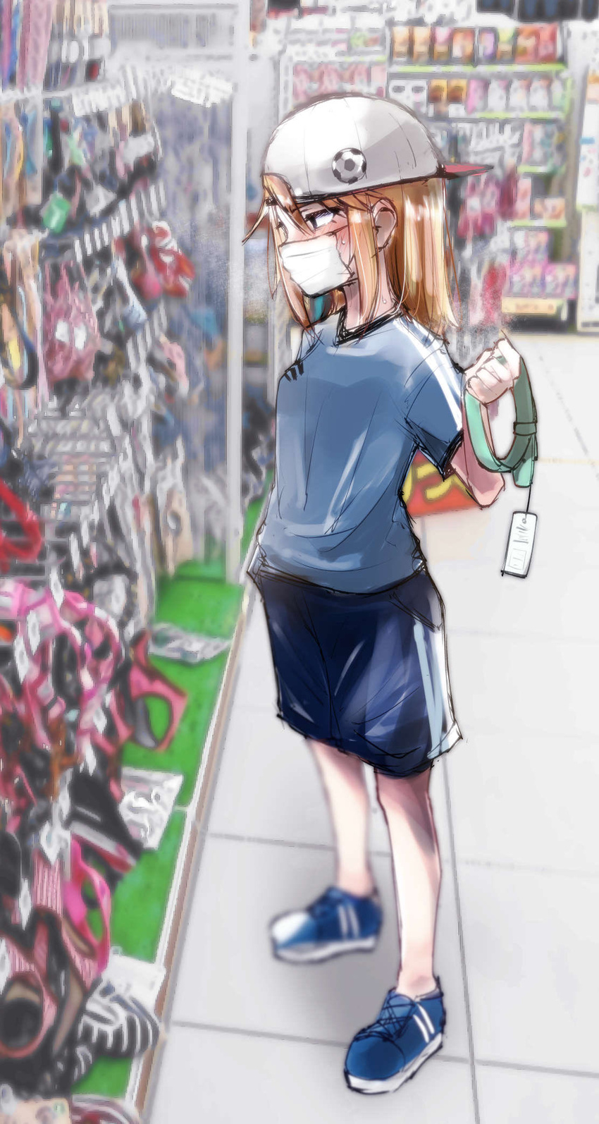 aketa_chika baseball_cap black_eyes blue_footwear blue_shirt blue_shorts blush brown_hair collar female full_body hair_between_eyes hat highres holding holding_collar idolmaster idolmaster_cinderella_girls indoors mask mouth_mask photo_background shirt shoes shop short_sleeves shorts sneakers solo standing sweat tomboy white_mask yuuki_haru