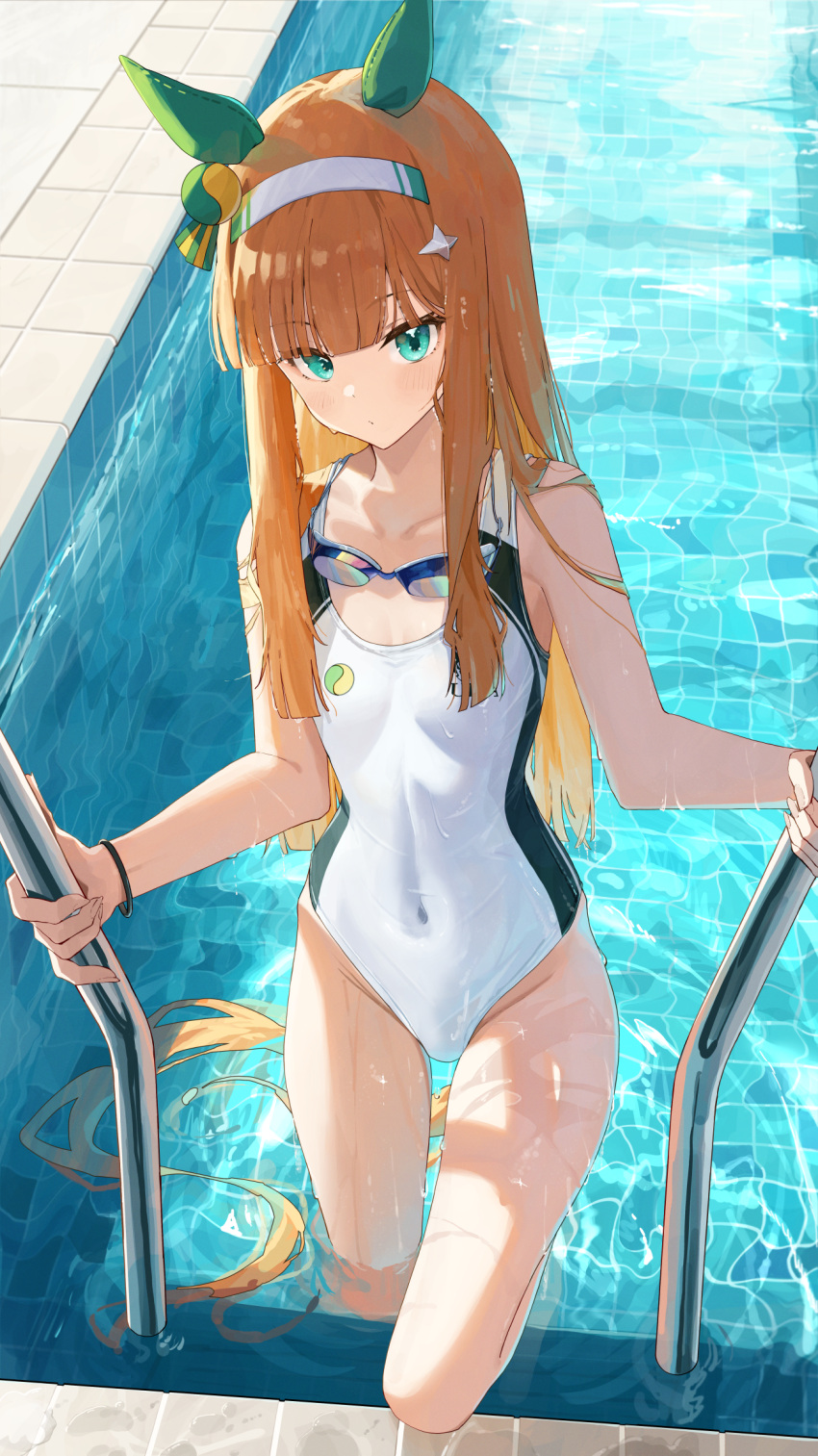 alternate_costume animal_ears aqua_eyes blunt_bangs blush breasts closed_mouth commentary covered_navel ear_covers female goggles goggles_around_neck groin hair_ornament hairband highres hime_cut horse_ears horse_girl horse_tail long_hair looking_at_viewer ningen_gokko one-piece_swimsuit orange_hair pool pool_ladder silence_suzuka_(umamusume) small_breasts solo swimsuit tail umamusume wading water wet white_hairband white_one-piece_swimsuit