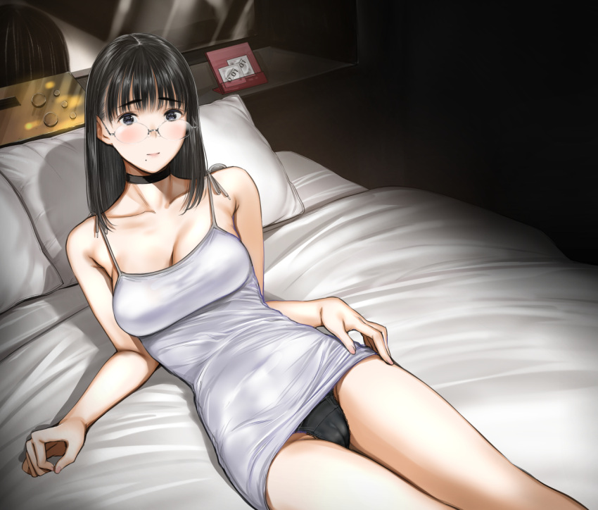 bed black_eyes black_hair black_panties blush breasts cameltoe chinatsu_(tsukino_wagamo) choker cleavage condom condom_wrapper covered_clitoris covered_navel dim_lighting dress female glasses groin long_hair looking_at_viewer medium_breasts mirror mole mole_under_mouth original panties pillow rimless_eyewear solo spaghetti_strap thighs tsukino_wagamo underwear white_dress