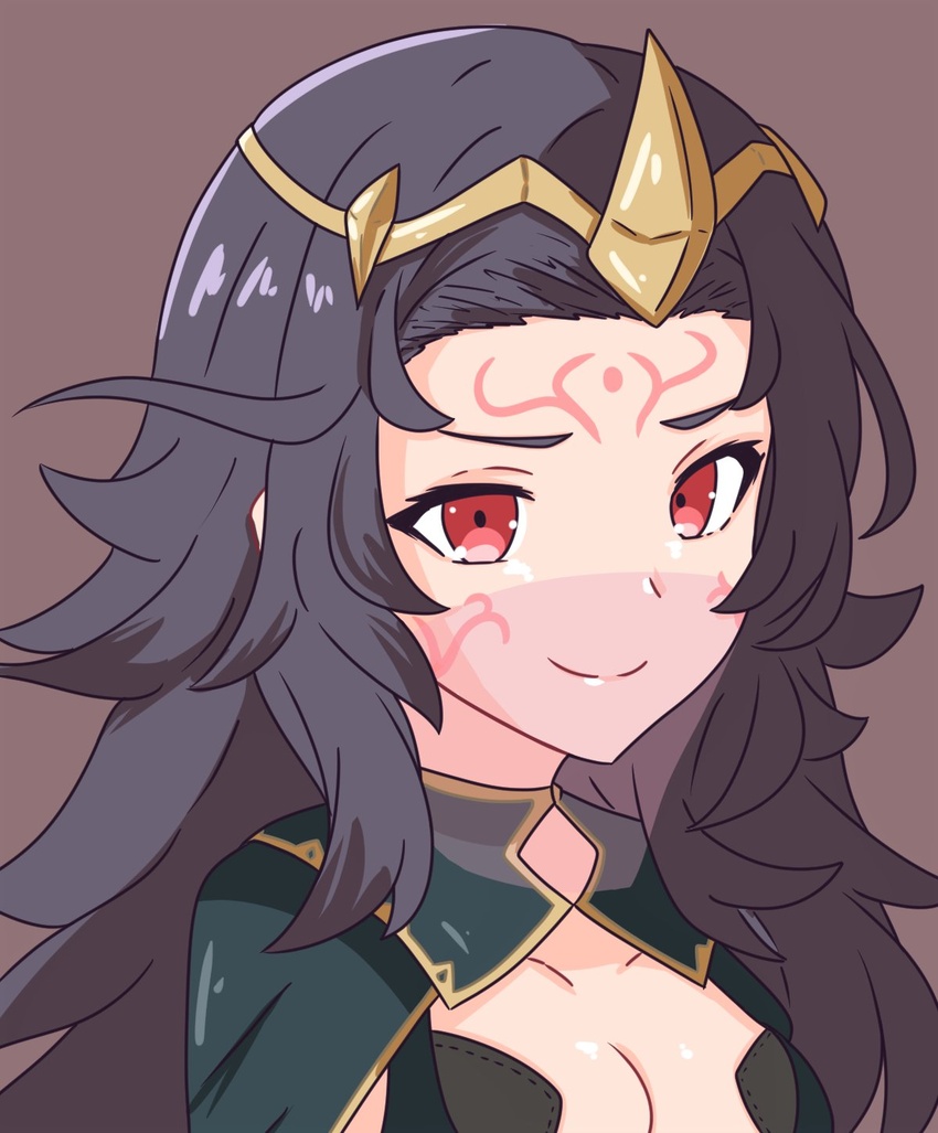 black_hair breasts circlet cleavage facial_mark female fire_emblem fire_emblem_fates highres long_hair looking_to_the_side nyx_(fire_emblem) red_eyes small_breasts smile solo tavi_(hosheezus) veil