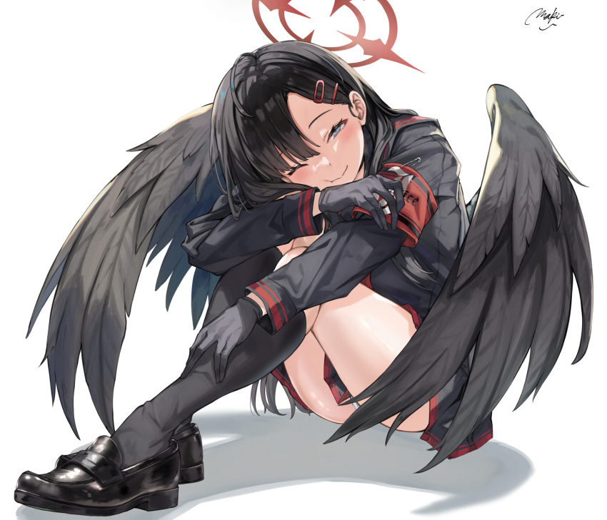 armband black_footwear black_gloves black_hair black_serafuku black_skirt black_wings blue_archive blush closed_mouth feathered_wings female gloves grey_eyes hair_ornament hairclip halo highres ichika_(blue_archive) long_hair long_sleeves low_wings maki_(maki_pei) panties pleated_skirt red_armband red_halo school_uniform serafuku shoes signature simple_background skirt solo underwear unusually_open_eyes white_background white_panties wings