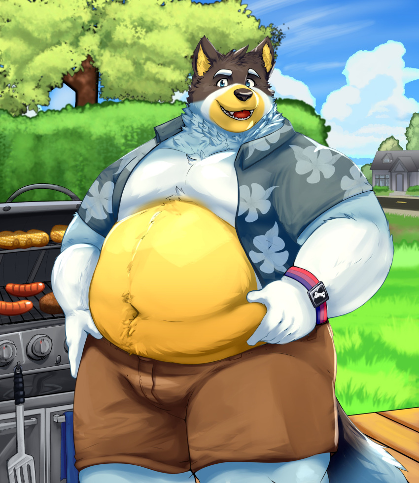 2023 absurd_res aloha_shirt anthro australian_cattle_dog bandit_heeler belly bluey_(series) bottomwear building canid canine canis cattledog clock clothed clothing cloud cooking corn day detailed_background domestic_dog eyebrows food fur furniture grass grill grilling hamburger_patty herding_dog hi_res hot_dog house iavan looking_at_viewer love_handles male mammal meat moobs navel open_clothing open_mouth open_shirt open_smile open_topwear outside overweight overweight_anthro overweight_male pastoral_dog pattern_clothing pattern_shirt pattern_topwear plant road shirt shorts shrub sky smile solo spatula standing table teeth thick_thighs tongue tools topwear tree tuft watch