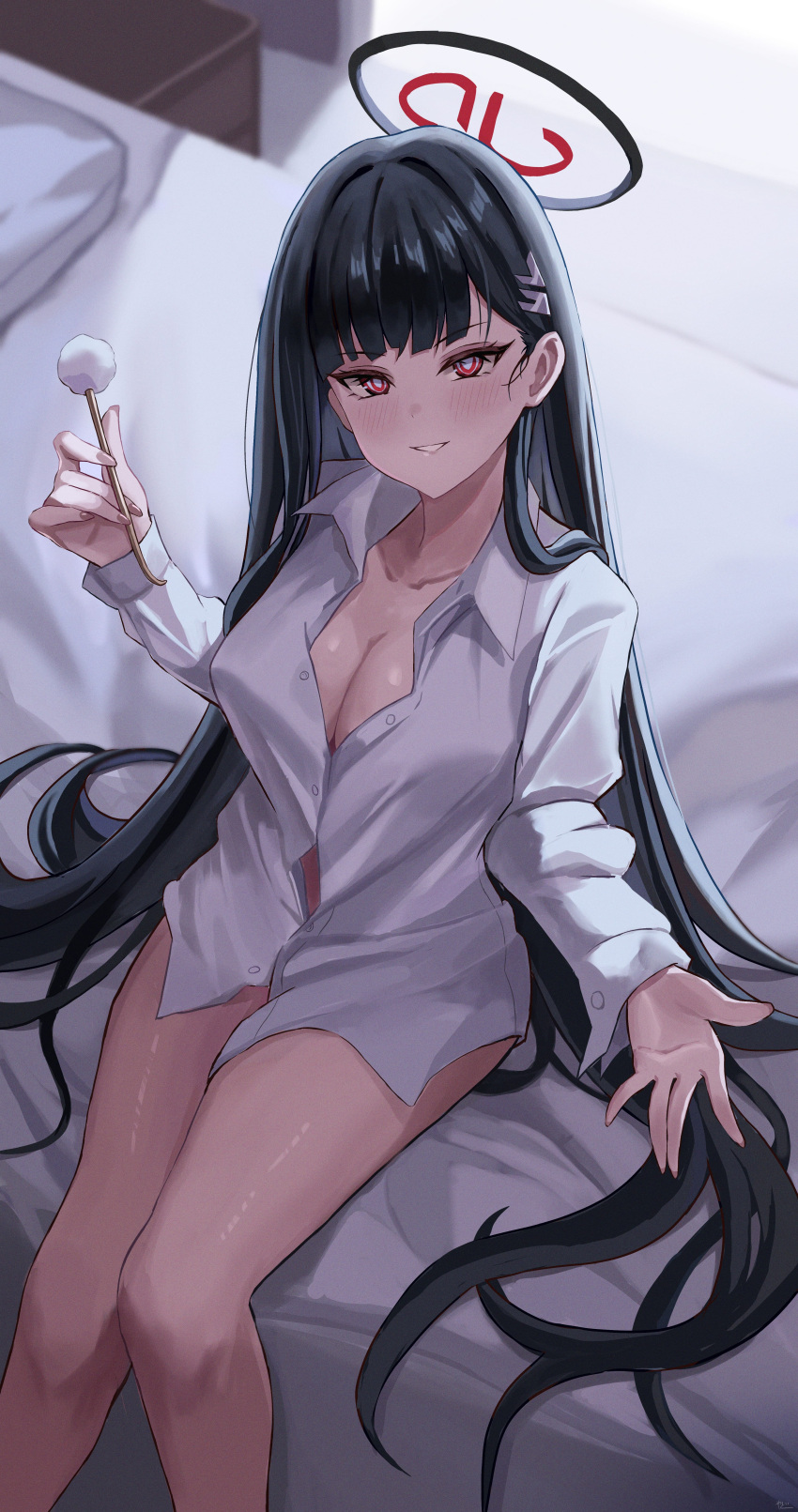 absurdres black_hair blue_archive blush breasts cleavage female hair_ornament hairclip halo highres lap_pillow_invitation large_breasts long_hair looking_at_viewer mimikaki on_bed parted_lips pillow red_eyes rio_(blue_archive) shirt sitting solo thighs very_long_hair white_shirt yato_(yama0x1)