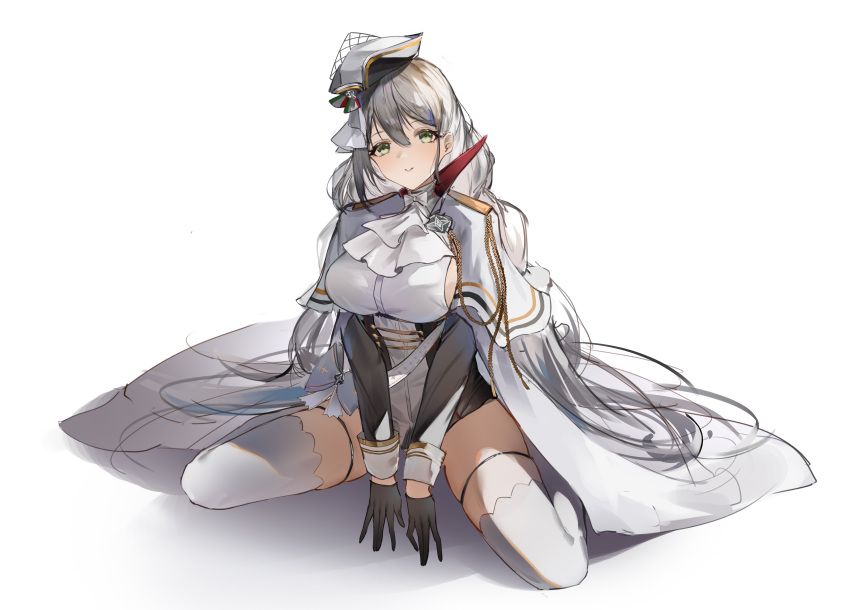 absurdres aiguillette aquila_(azur_lane) azur_lane black_gloves cape female flantia gloves green_eyes hair_between_eyes highres long_hair long_sleeves looking_at_viewer medal military_uniform parted_lips simple_background sitting smile solo thigh_strap thighhighs uniform wariza white_background white_cape white_hair white_headwear white_thighhighs