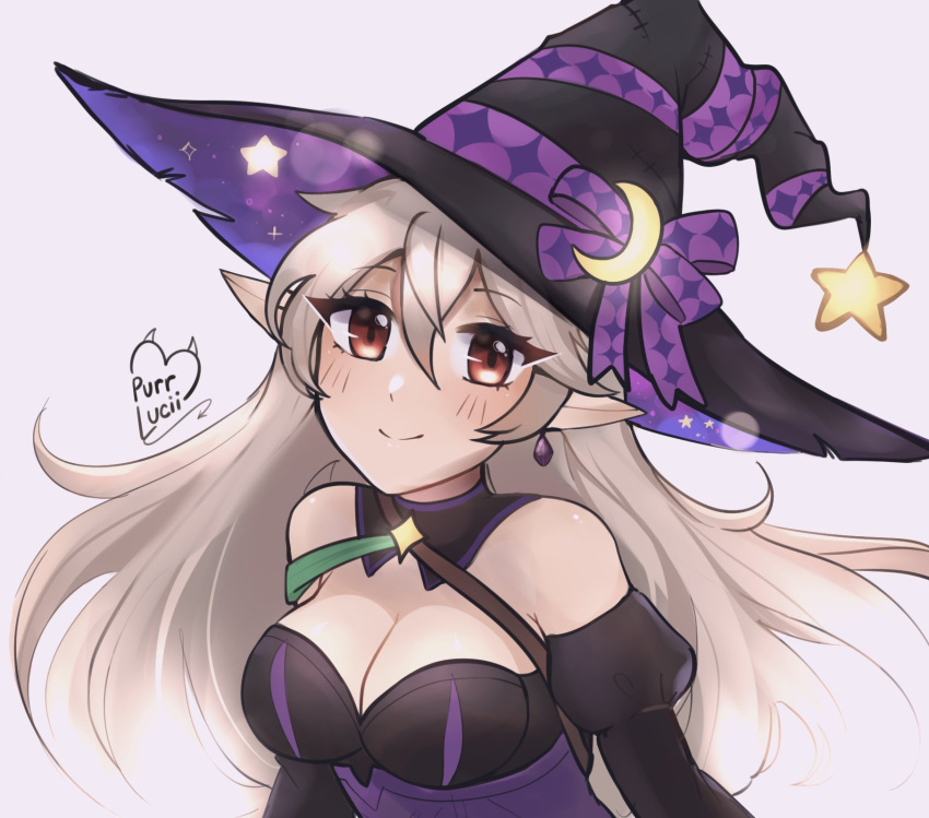 artist_name bare_shoulders black_dress breasts cleavage corrin_(female)_(fire_emblem) corrin_(female)_(halloween)_(fire_emblem) corrin_(fire_emblem) crescent crescent_hat_ornament detached_sleeves dress earrings female fire_emblem fire_emblem_fates fire_emblem_heroes grey_hair halloween halloween_costume hat hat_ornament hat_ribbon highres jewelry large_breasts long_hair looking_at_viewer official_alternate_costume pointy_ears purple_ribbon purrlucii red_eyes ribbon smile solo star_(symbol) star_hat_ornament upper_body white_background witch witch_hat